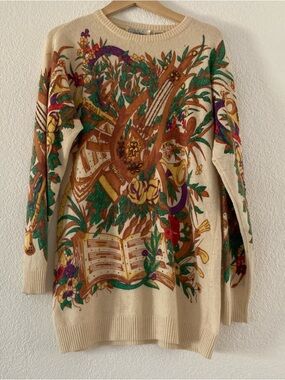 VTG 80s CEDARS Musical & Floral Angora Lambswool Sweater SZ M Maximalist FLAWED
